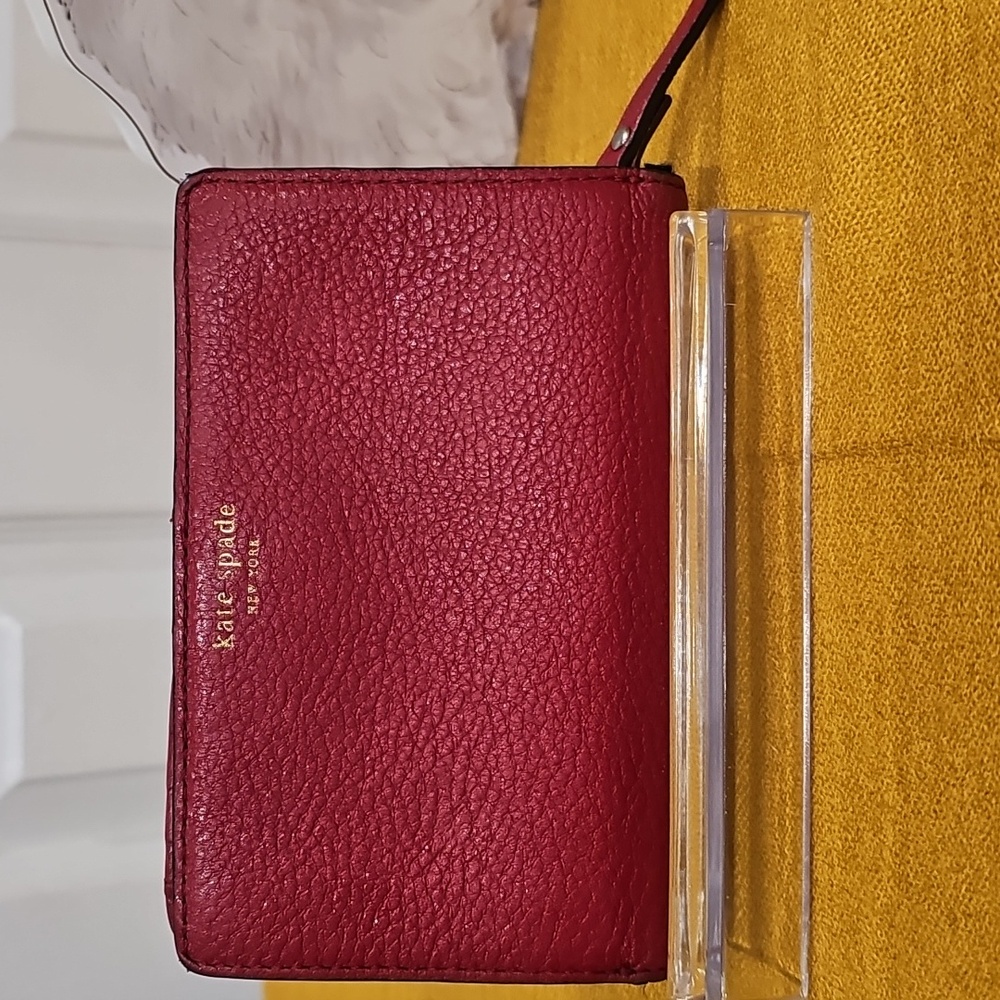Kate Spade Red Pebbled  Leather Wallet W/Black Storybook Lining